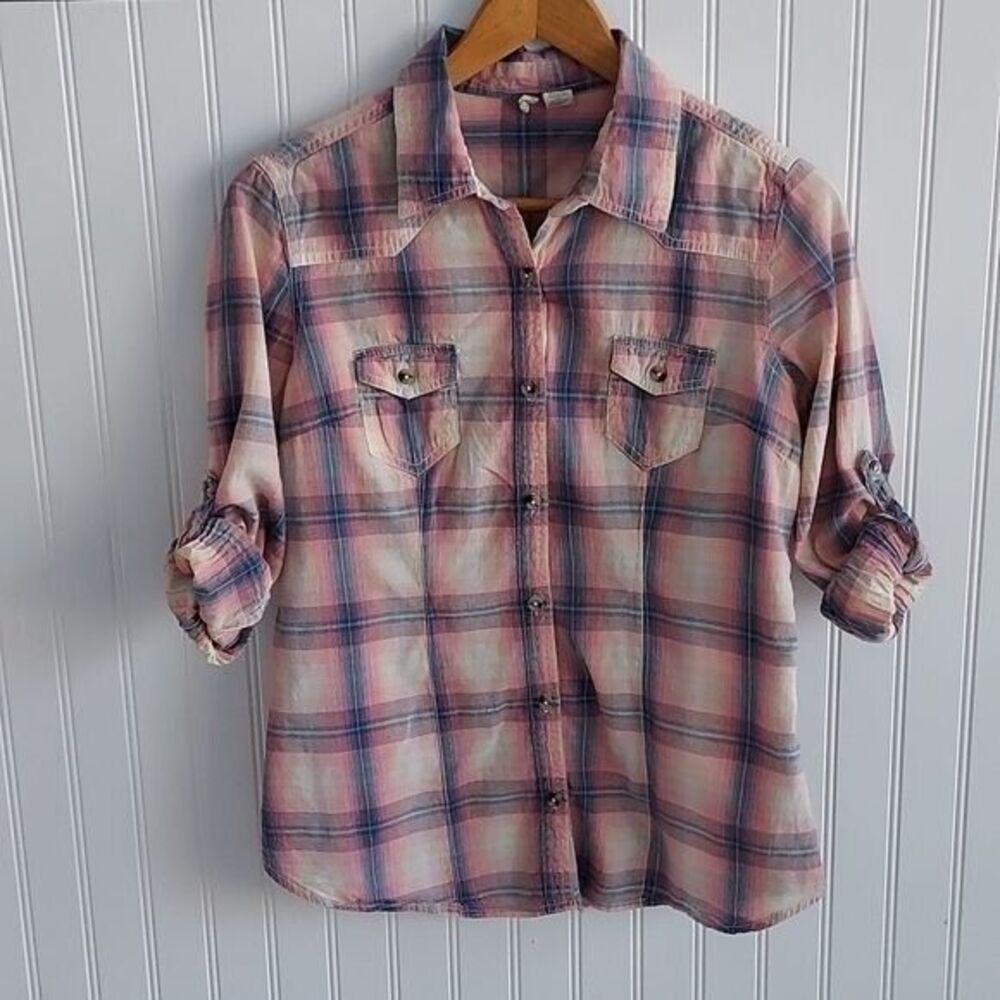 Japna Girls Large Shirt Plaid‎ Button Down Roll Tab Sleeve Pink Blue